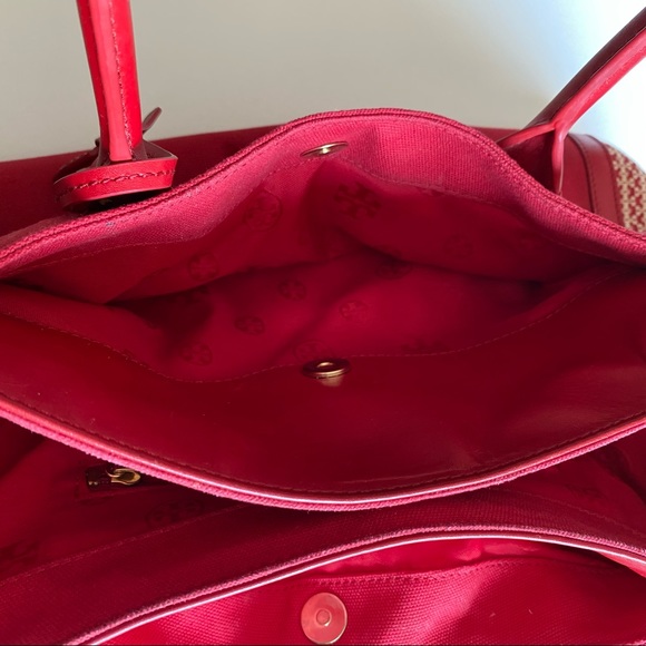 Tory Burch Savannah Canvas East West Tote Bag Red Purse - Picture 11 of 12